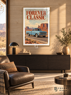Forever Classic (car30), Gold frame with white printed border in a styled interior. A blue vintage pickup stands on a desert road with red sandstone mesas beneath a softly clouded sky. Rust-red serif lettering reads FOREVER CLASSIC.