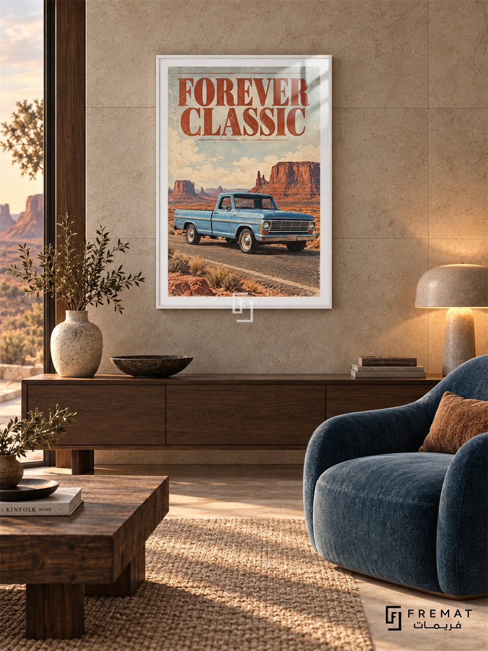Forever Classic (car30), White frame with white printed border in a styled interior. A blue vintage pickup stands on a desert road with red sandstone mesas beneath a softly clouded sky. Rust-red serif lettering reads FOREVER CLASSIC.
