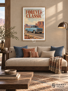 Forever Classic (car30), Wooden Texture frame with white printed border in a styled interior. A blue vintage pickup stands on a desert road with red sandstone mesas beneath a softly clouded sky. Rust-red serif lettering reads FOREVER CLASSIC.