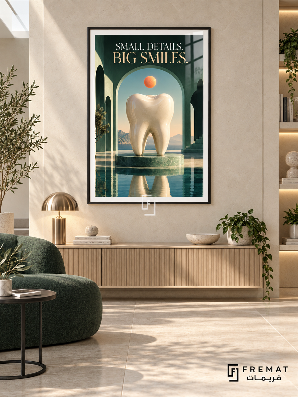 Small Details, Big Smiles (com01), Black frame in a dental reception interior; ivory tooth sculpture, coral sphere and mint arches.