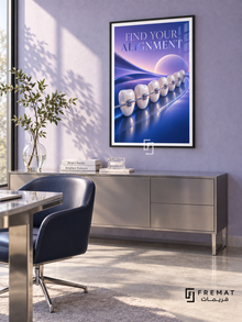 Find Your Alignment (com02), Black frame with white printed border in a styled interior. Pearl-white teeth with metallic braces curve across a glossy blue landscape beneath lavender spheres. Elegant lettering reads “FIND YOUR ALIGNMENT” in a polished, surreal dental illustration.