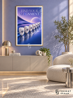 Find Your Alignment (com02), Gold frame with white printed border in a styled interior. Pearl-white teeth with metallic braces curve across a glossy blue landscape beneath lavender spheres. Elegant lettering reads “FIND YOUR ALIGNMENT” in a polished, surreal dental illustration.