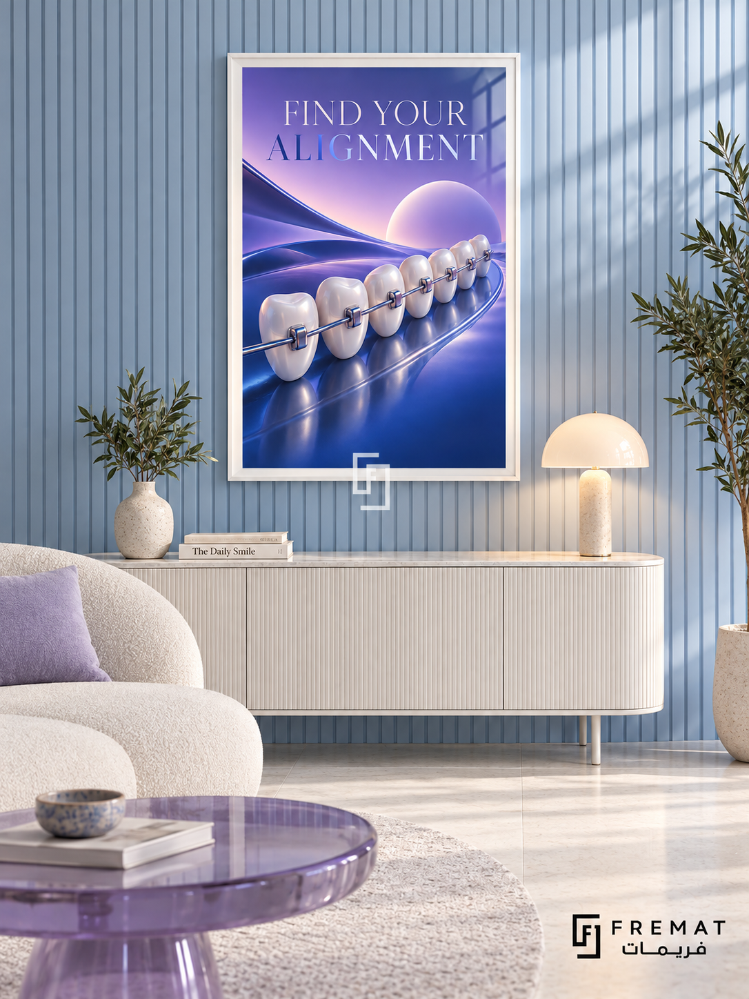 Find Your Alignment (com02), White frame with white printed border in a styled interior. Pearl-white teeth with metallic braces curve across a glossy blue landscape beneath lavender spheres. Elegant lettering reads “FIND YOUR ALIGNMENT” in a polished, surreal dental illustration.