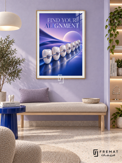 Find Your Alignment (com02), Wooden Texture frame with white printed border in a styled interior. Pearl-white teeth with metallic braces curve across a glossy blue landscape beneath lavender spheres. Elegant lettering reads “FIND YOUR ALIGNMENT” in a polished, surreal dental illustration.