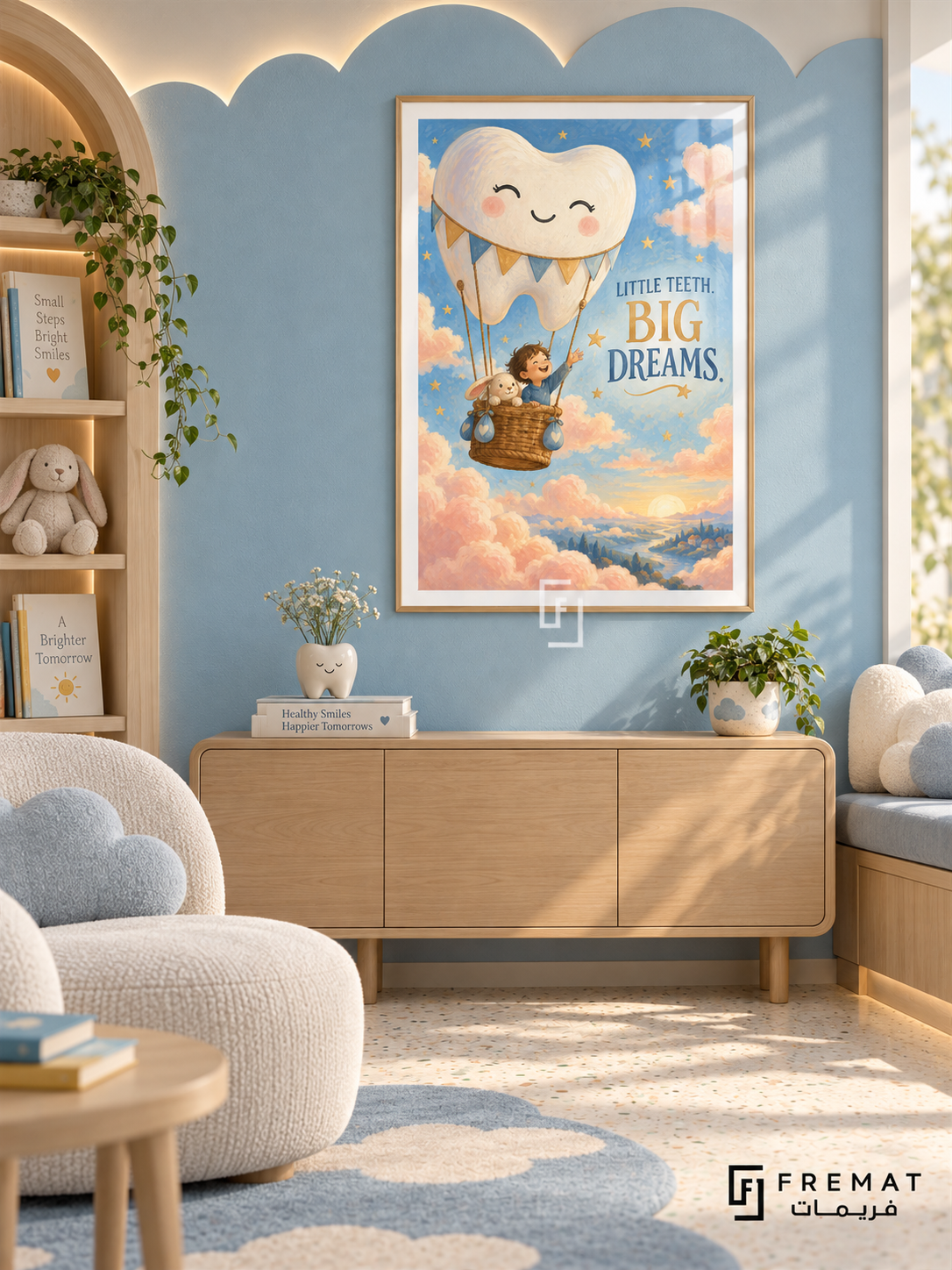Little Teeth, Big Dreams (com03), Wooden Texture frame with white printed border in a styled interior. A smiling tooth-shaped balloon carries a child and a toy among peach clouds, gold stars and blue sky. Painterly storybook lettering reads “LITTLE TEETH. BIG DREAMS.”