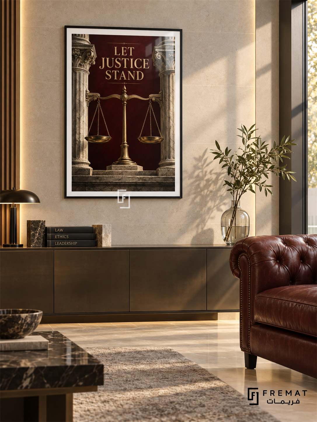 Let Justice Stand (com04), Black frame with white printed border in a styled interior. Brass balance scales stand between classical stone columns against a burgundy background. Gold serif lettering reads “LET JUSTICE STAND” in a dramatic architectural illustration.