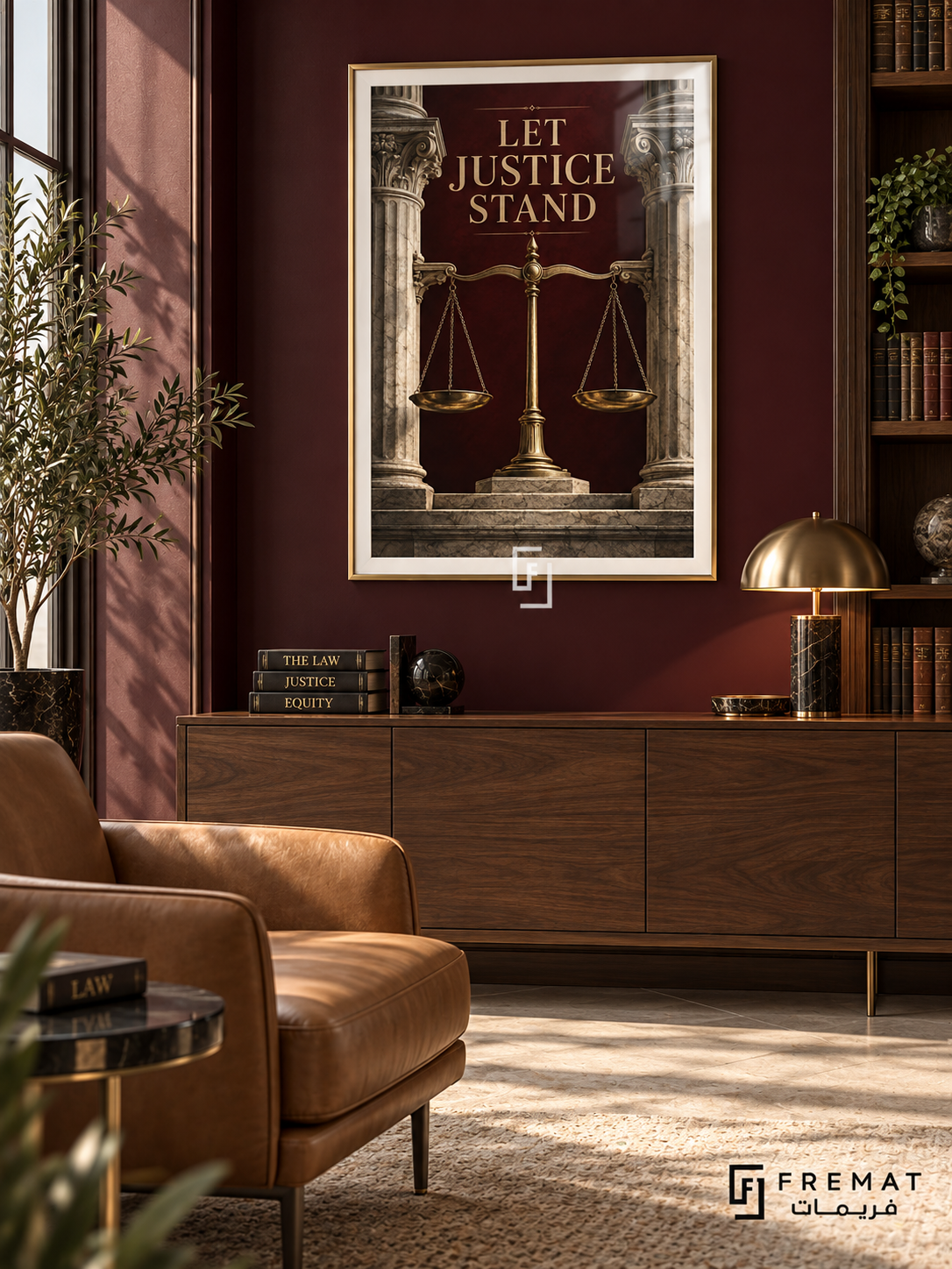 Let Justice Stand (com04), Gold frame with white printed border in a styled interior. Brass balance scales stand between classical stone columns against a burgundy background. Gold serif lettering reads “LET JUSTICE STAND” in a dramatic architectural illustration.