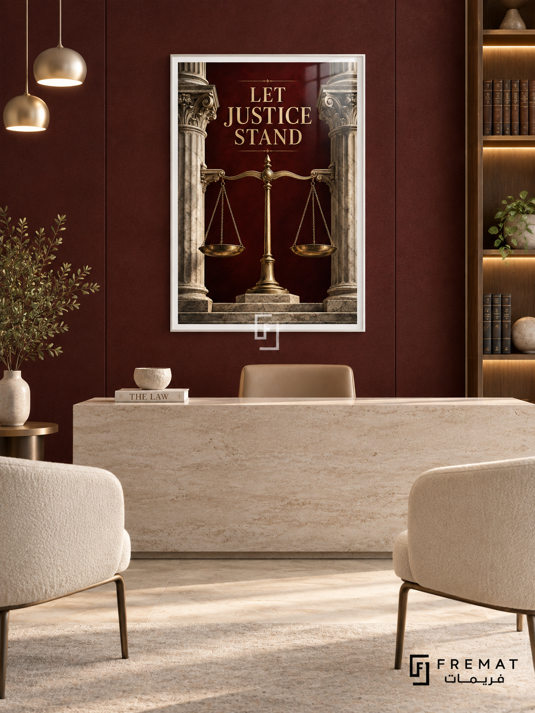 Let Justice Stand (com04), White frame with white printed border in a styled interior. Brass balance scales stand between classical stone columns against a burgundy background. Gold serif lettering reads “LET JUSTICE STAND” in a dramatic architectural illustration.