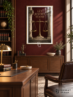 Let Justice Stand (com04), Wooden Texture frame with white printed border in a styled interior. Brass balance scales stand between classical stone columns against a burgundy background. Gold serif lettering reads “LET JUSTICE STAND” in a dramatic architectural illustration.