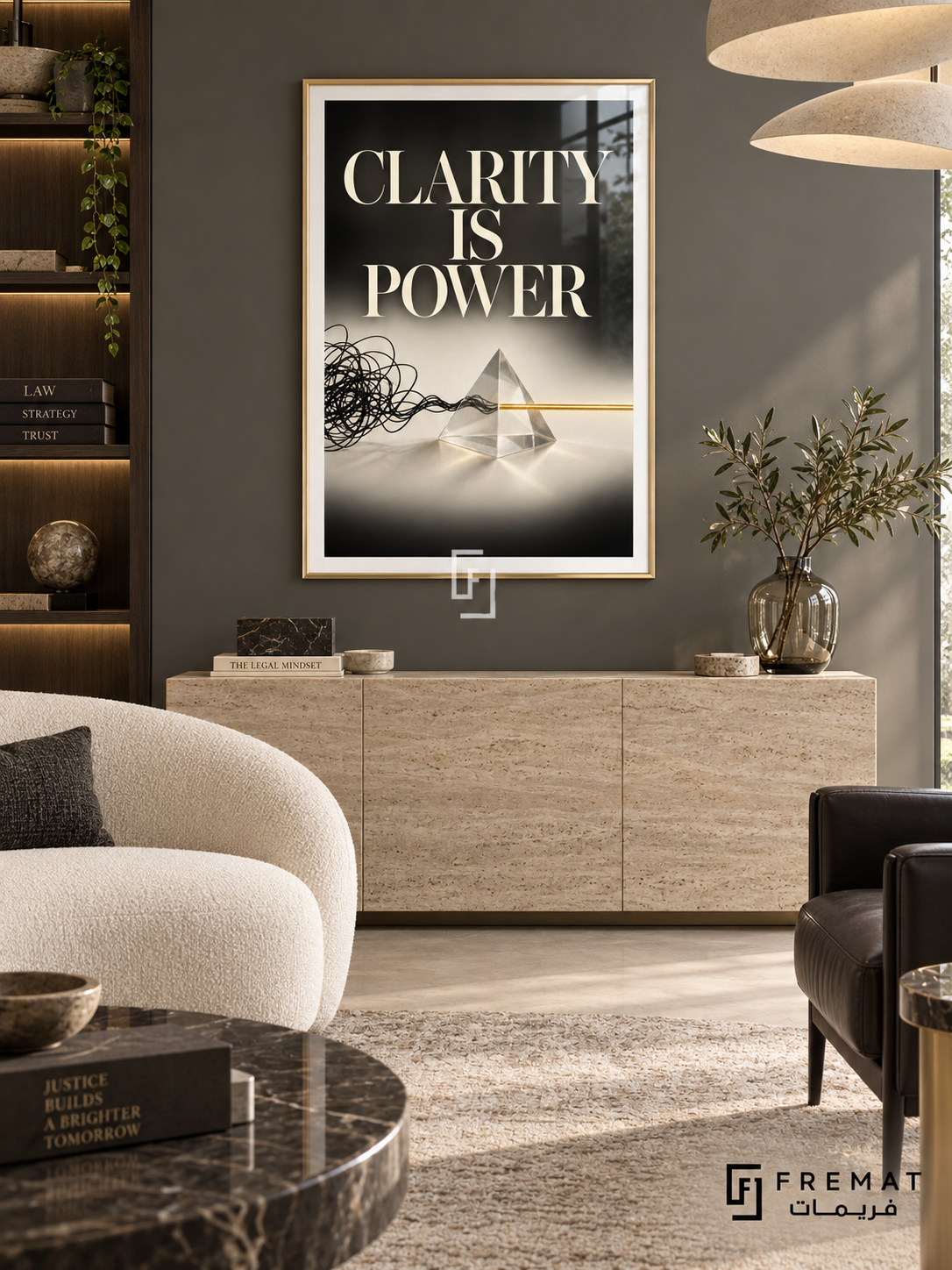 Clarity Is Power (com05), Gold frame with white printed border in a styled interior. A tangled black line enters a transparent triangular prism and emerges as a straight gold line. Large cream lettering reads “CLARITY IS POWER” above the conceptual black-and-ivory composition.