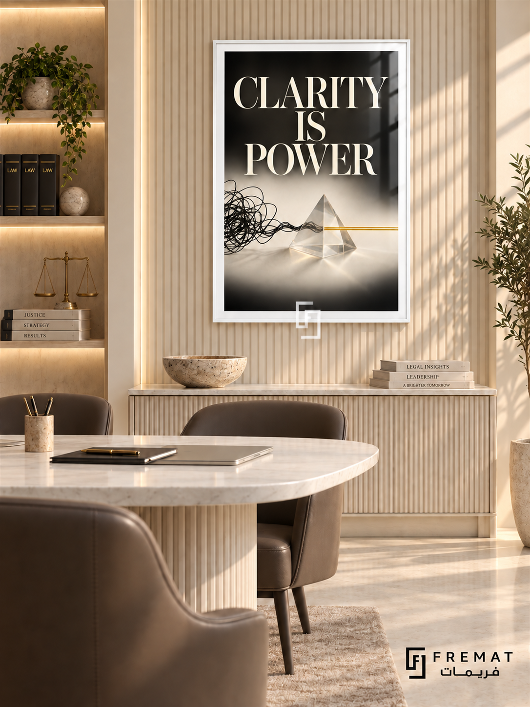 Clarity Is Power (com05), White frame with white printed border in a styled interior. A tangled black line enters a transparent triangular prism and emerges as a straight gold line. Large cream lettering reads “CLARITY IS POWER” above the conceptual black-and-ivory composition.