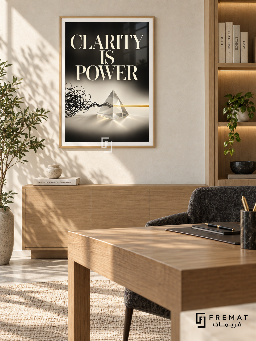Clarity Is Power (com05), Wooden Texture frame with white printed border in a styled interior. A tangled black line enters a transparent triangular prism and emerges as a straight gold line. Large cream lettering reads “CLARITY IS POWER” above the conceptual black-and-ivory composition.