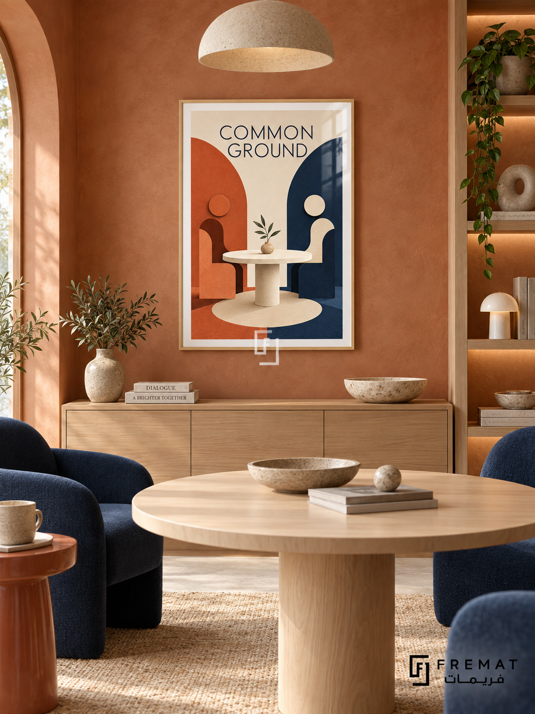 Common Ground (com06), Wooden Texture frame with white printed border in a styled interior. Two simplified seated figures face each other across a round table with a leafy sprig. Terracotta and navy arches frame the cream scene beneath “COMMON GROUND” in a geometric sculptural illustration.