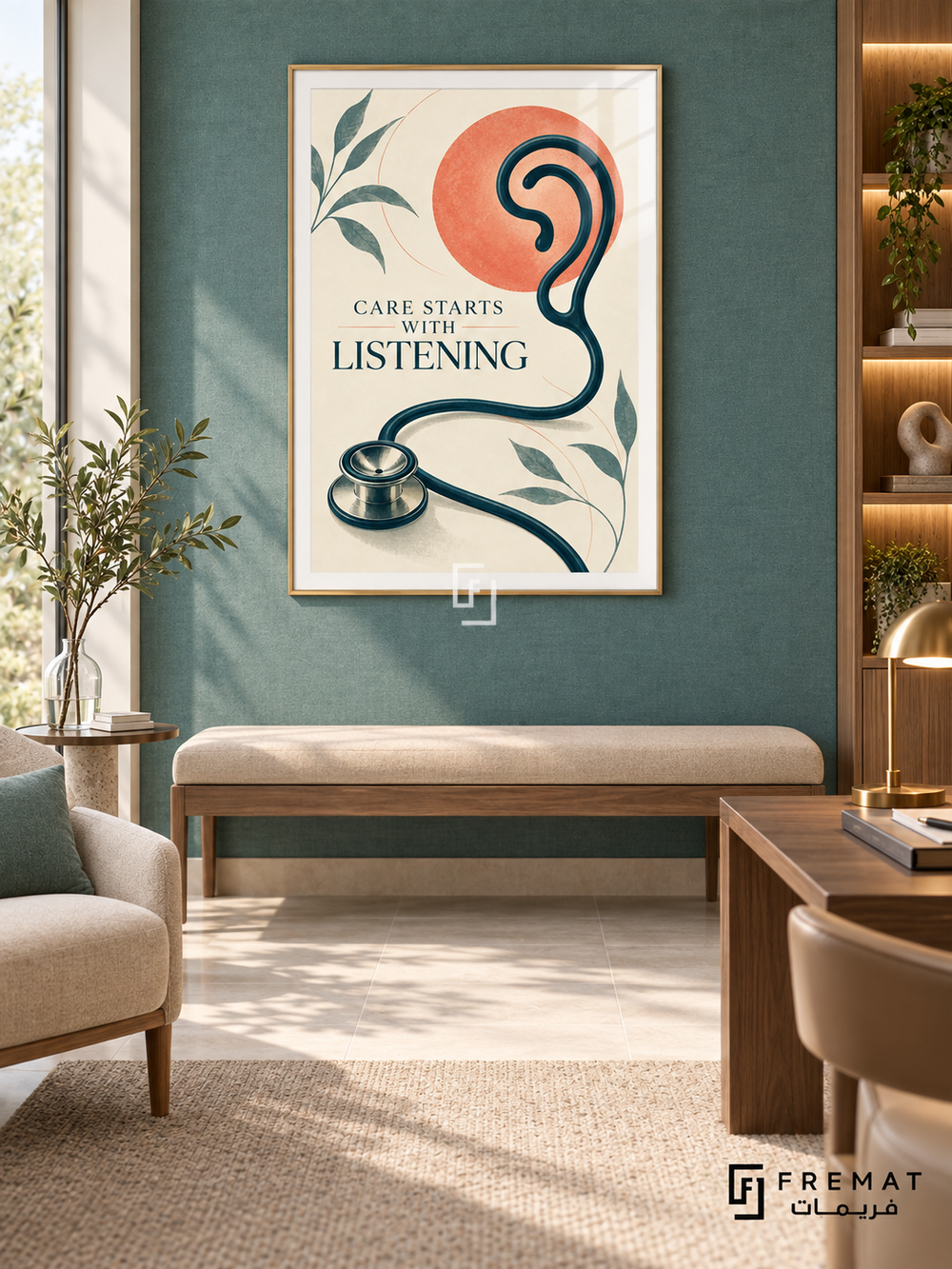 Care Starts with Listening (com07), Gold frame with white printed border in a styled interior. A teal stethoscope curls into an ear-like outline beside green leaves and a coral circle. Serif lettering reads “CARE STARTS WITH LISTENING” on a textured cream background.