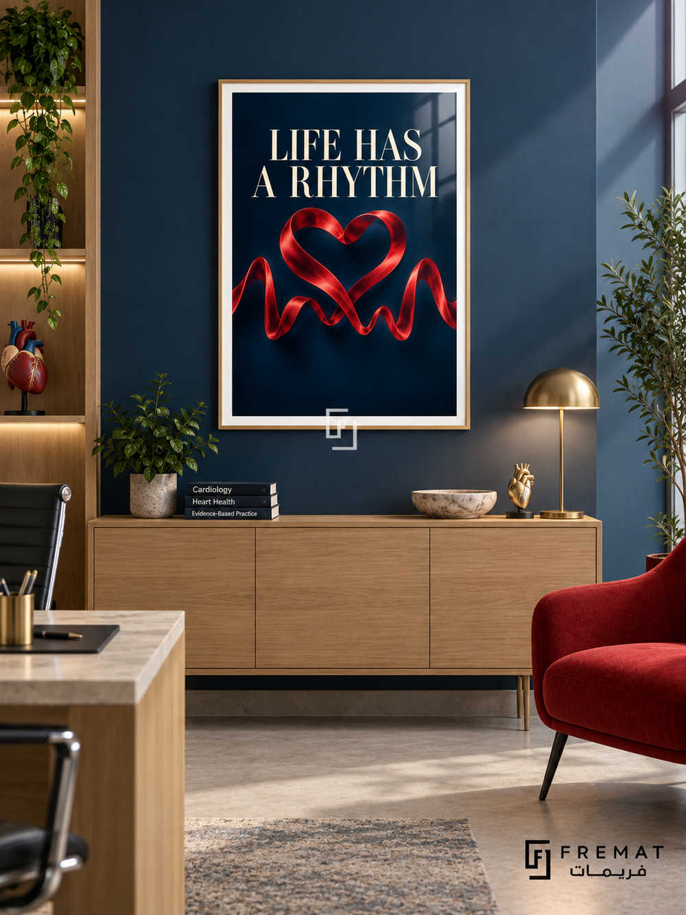 Life Has a Rhythm (com08), Wooden Texture frame with white printed border in a styled interior. A glossy red ribbon forms a heart and a flowing pulse-like line on deep navy. Cream serif lettering reads “LIFE HAS A RHYTHM” above the sculptural graphic.