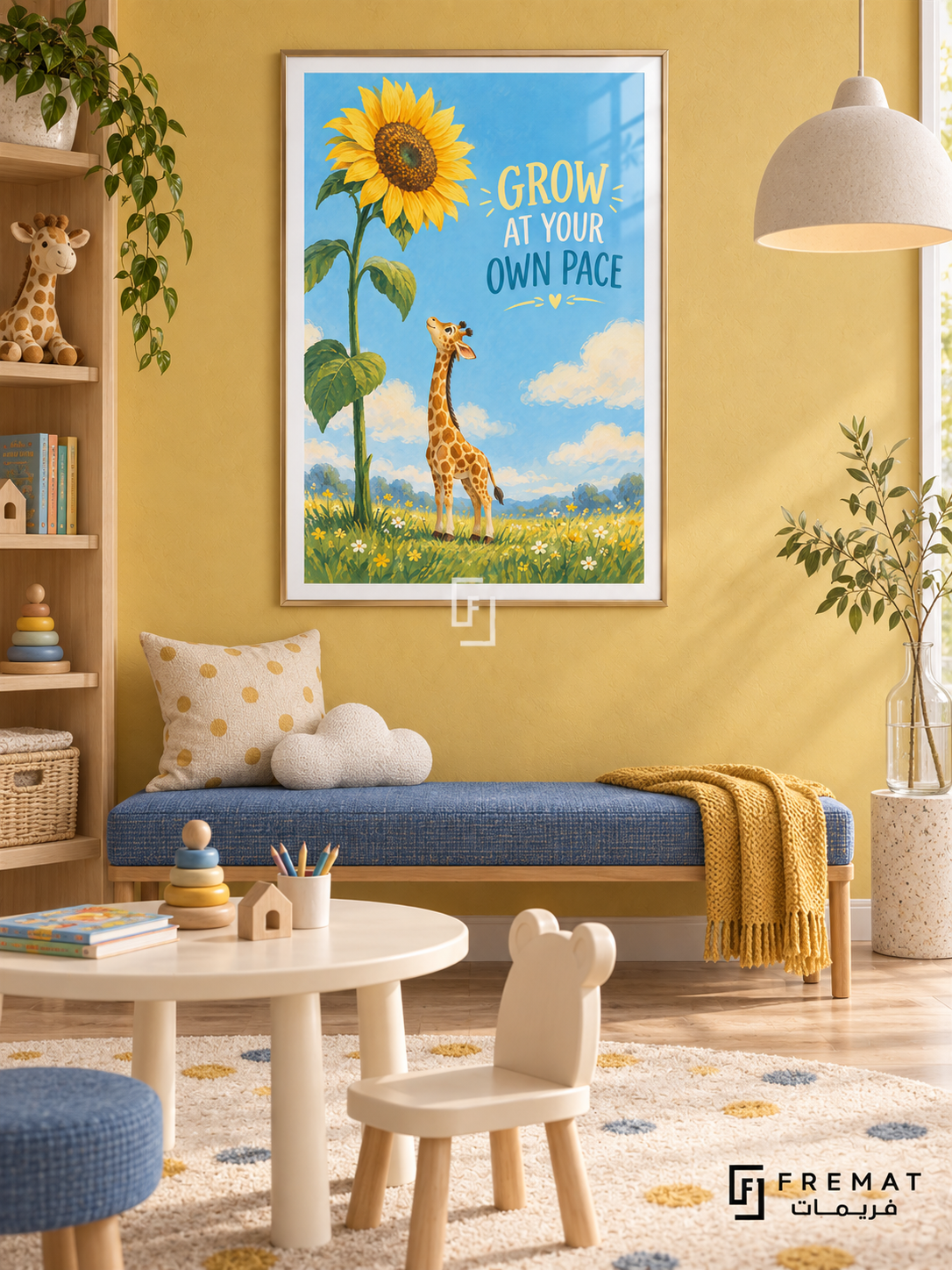 Grow at Your Own Pace (com09), Gold frame with white printed border in a styled interior. A young giraffe stands beside a towering yellow sunflower in a meadow beneath a bright blue sky. Playful painterly lettering reads “GROW AT YOUR OWN PACE”.
