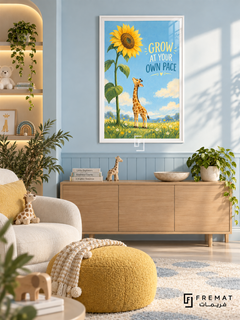Grow at Your Own Pace (com09), White frame with white printed border in a styled interior. A young giraffe stands beside a towering yellow sunflower in a meadow beneath a bright blue sky. Playful painterly lettering reads “GROW AT YOUR OWN PACE”.