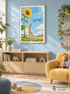 Grow at Your Own Pace (com09), Wooden Texture frame with white printed border in a styled interior. A young giraffe stands beside a towering yellow sunflower in a meadow beneath a bright blue sky. Playful painterly lettering reads “GROW AT YOUR OWN PACE”.