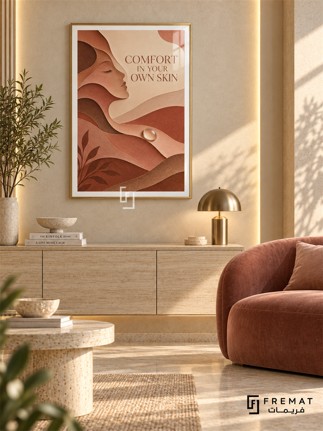 Comfort in Your Own Skin (com10), Gold frame with white printed border in a styled interior. Layered terracotta, peach and cream forms create a woman's profile, flowing contours and a pearl-like drop. Serif lettering reads “COMFORT IN YOUR OWN SKIN” in a textured paper-cut illustration.