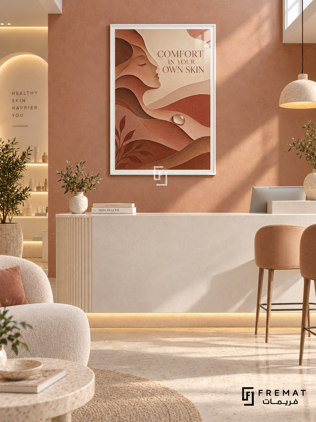 Comfort in Your Own Skin (com10), White frame with white printed border in a styled interior. Layered terracotta, peach and cream forms create a woman's profile, flowing contours and a pearl-like drop. Serif lettering reads “COMFORT IN YOUR OWN SKIN” in a textured paper-cut illustration.