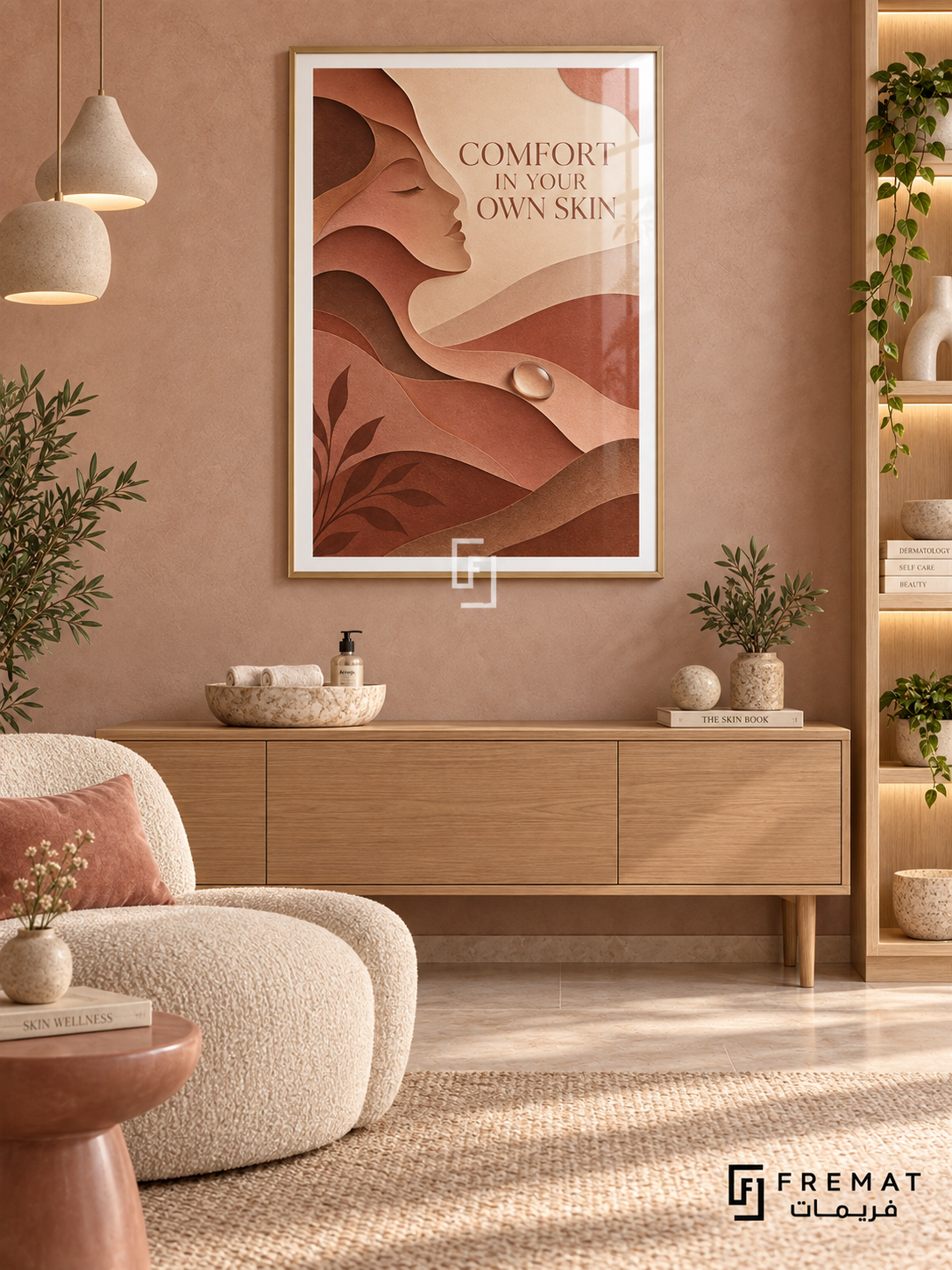 Comfort in Your Own Skin (com10), Wooden Texture frame with white printed border in a styled interior. Layered terracotta, peach and cream forms create a woman's profile, flowing contours and a pearl-like drop. Serif lettering reads “COMFORT IN YOUR OWN SKIN” in a textured paper-cut illustration.