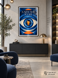 A New Way to See (com11), Black frame with white printed border in a styled interior. A stylized blue eye contains an orange sunset reflected in water, surrounded by concentric blue arcs. Cream lettering reads “A NEW WAY TO SEE” in a geometric surreal composition.