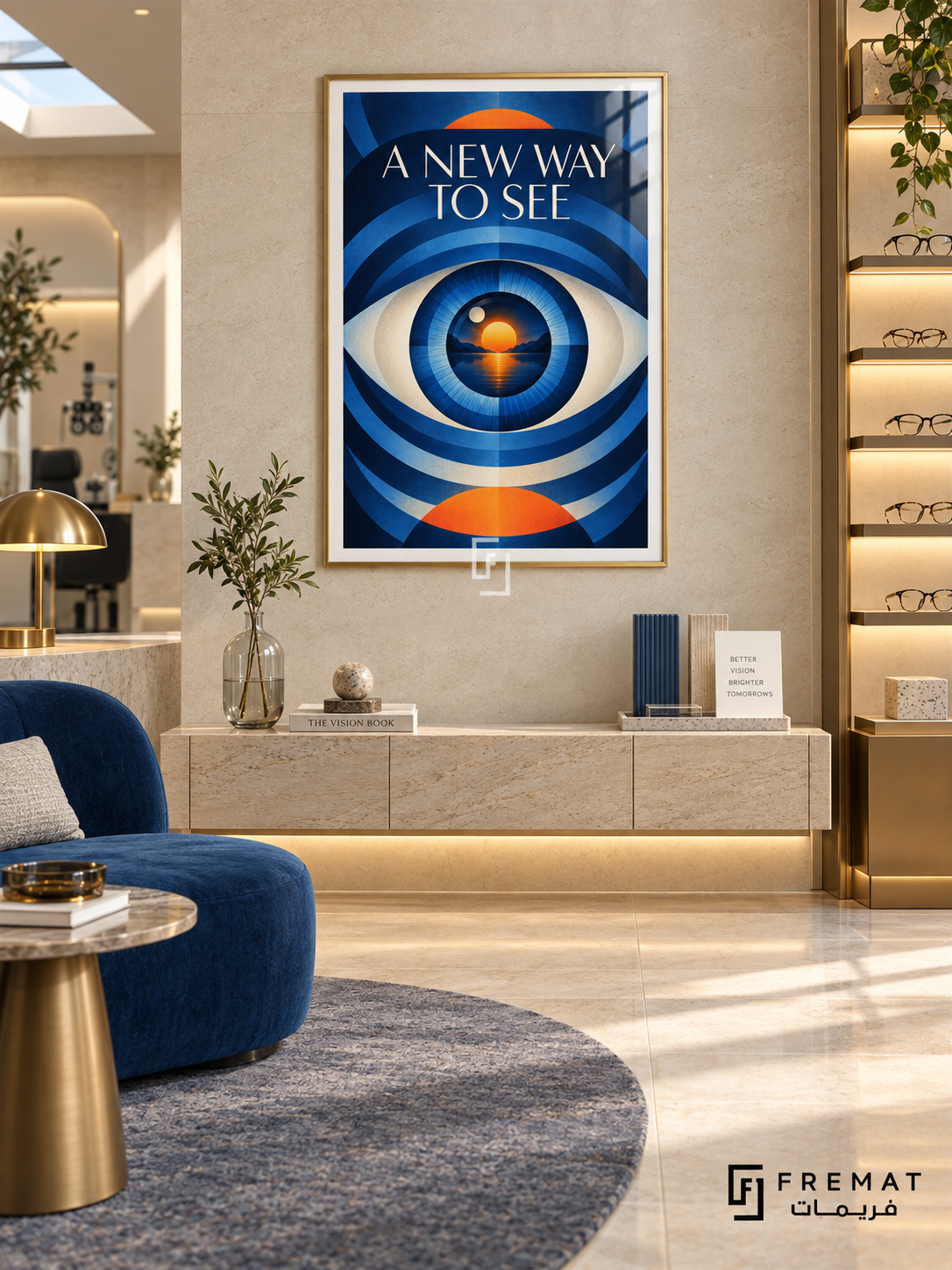 A New Way to See (com11), Gold frame with white printed border in a styled interior. A stylized blue eye contains an orange sunset reflected in water, surrounded by concentric blue arcs. Cream lettering reads “A NEW WAY TO SEE” in a geometric surreal composition.