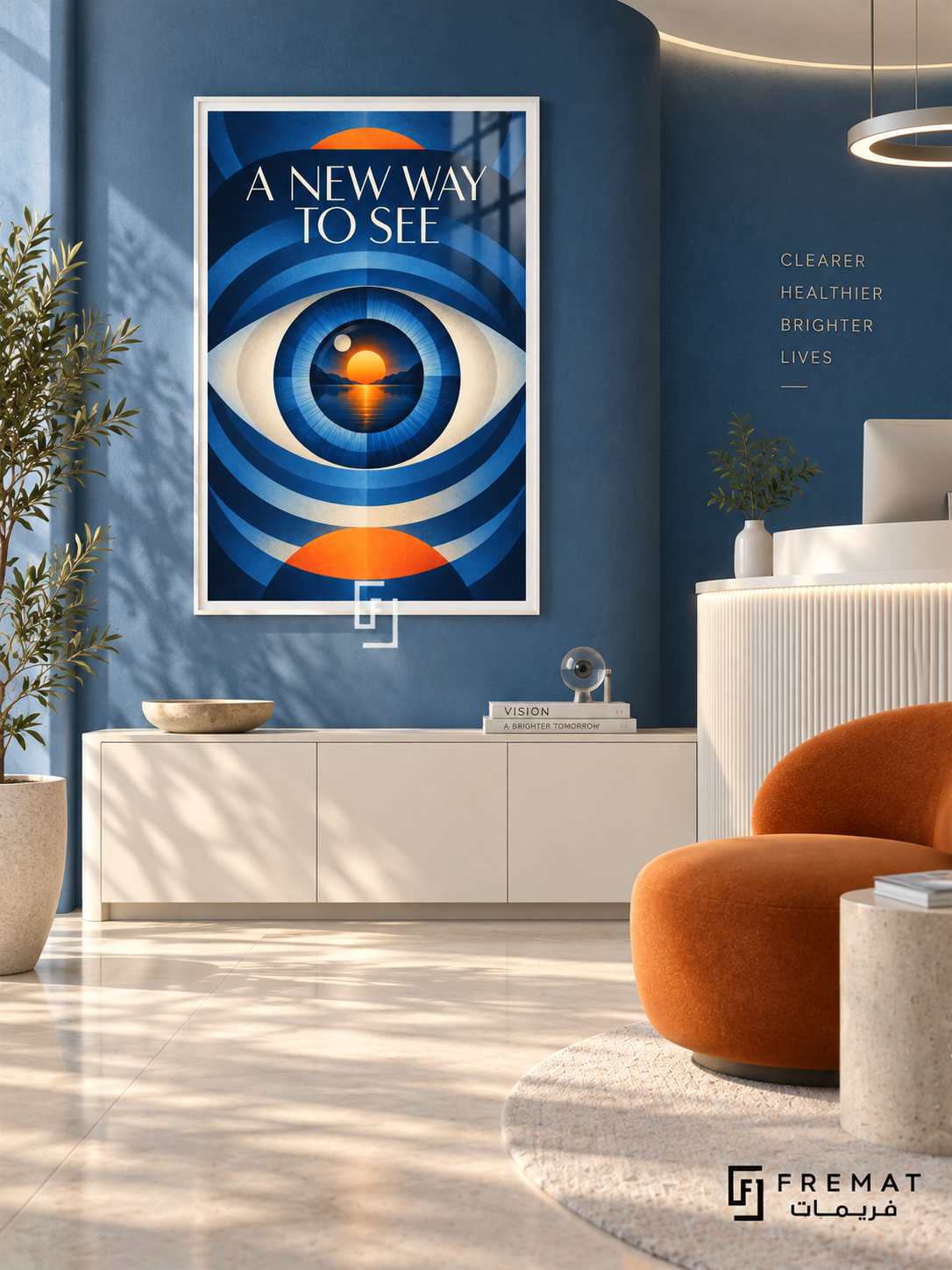 A New Way to See (com11), White frame with white printed border in a styled interior. A stylized blue eye contains an orange sunset reflected in water, surrounded by concentric blue arcs. Cream lettering reads “A NEW WAY TO SEE” in a geometric surreal composition.