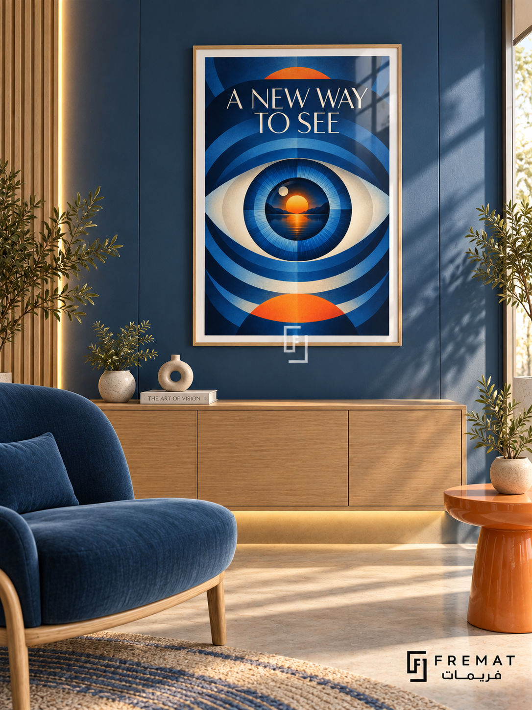 A New Way to See (com11), Wooden Texture frame with white printed border in a styled interior. A stylized blue eye contains an orange sunset reflected in water, surrounded by concentric blue arcs. Cream lettering reads “A NEW WAY TO SEE” in a geometric surreal composition.