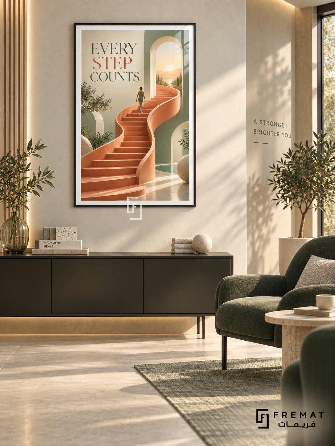 Every Step Counts (com12), Black frame with white printed border in a styled interior. A small walking figure climbs a curving terracotta staircase toward a sunlit arch. Sage, cream and warm orange surround the serif wording “EVERY STEP COUNTS” in a surreal architectural scene.