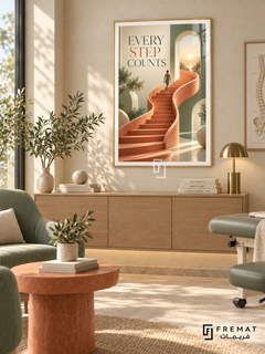 Every Step Counts (com12), Gold frame with white printed border in a styled interior. A small walking figure climbs a curving terracotta staircase toward a sunlit arch. Sage, cream and warm orange surround the serif wording “EVERY STEP COUNTS” in a surreal architectural scene.