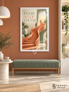 Every Step Counts (com12), White frame with white printed border in a styled interior. A small walking figure climbs a curving terracotta staircase toward a sunlit arch. Sage, cream and warm orange surround the serif wording “EVERY STEP COUNTS” in a surreal architectural scene.