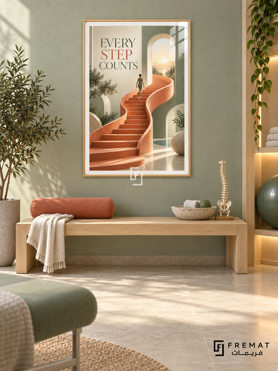Every Step Counts (com12), Wooden Texture frame with white printed border in a styled interior. A small walking figure climbs a curving terracotta staircase toward a sunlit arch. Sage, cream and warm orange surround the serif wording “EVERY STEP COUNTS” in a surreal architectural scene.
