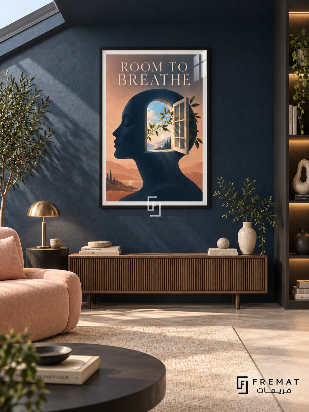 Room to Breathe (com13), Black frame with white printed border in a styled interior. A navy human profile contains an open window with leaves and a sunlit landscape beyond. Cream lettering reads “ROOM TO BREATHE” against peach hills in a surreal conceptual illustration.