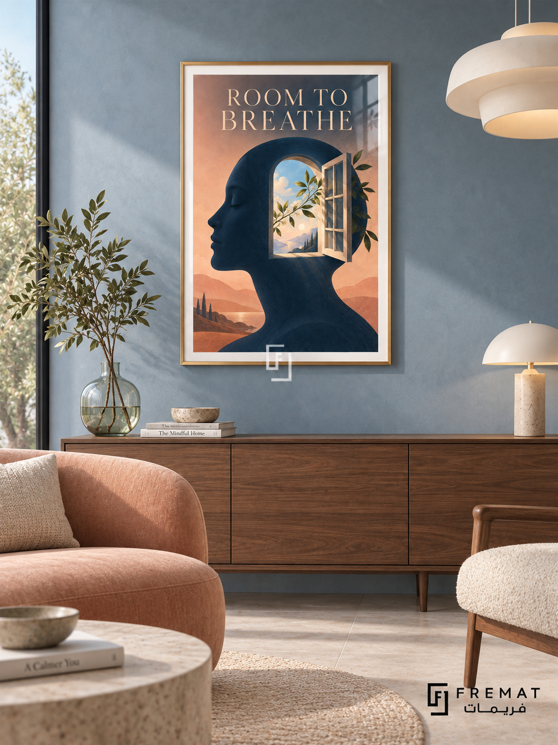 Room to Breathe (com13), Gold frame with white printed border in a styled interior. A navy human profile contains an open window with leaves and a sunlit landscape beyond. Cream lettering reads “ROOM TO BREATHE” against peach hills in a surreal conceptual illustration.