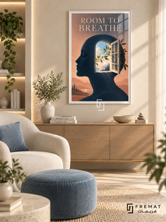 Room to Breathe (com13), White frame with white printed border in a styled interior. A navy human profile contains an open window with leaves and a sunlit landscape beyond. Cream lettering reads “ROOM TO BREATHE” against peach hills in a surreal conceptual illustration.