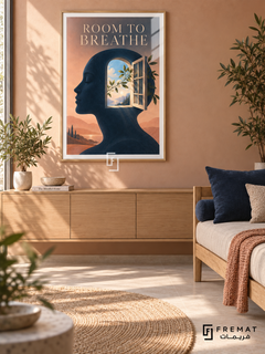 Room to Breathe (com13), Wooden Texture frame with white printed border in a styled interior. A navy human profile contains an open window with leaves and a sunlit landscape beyond. Cream lettering reads “ROOM TO BREATHE” against peach hills in a surreal conceptual illustration.