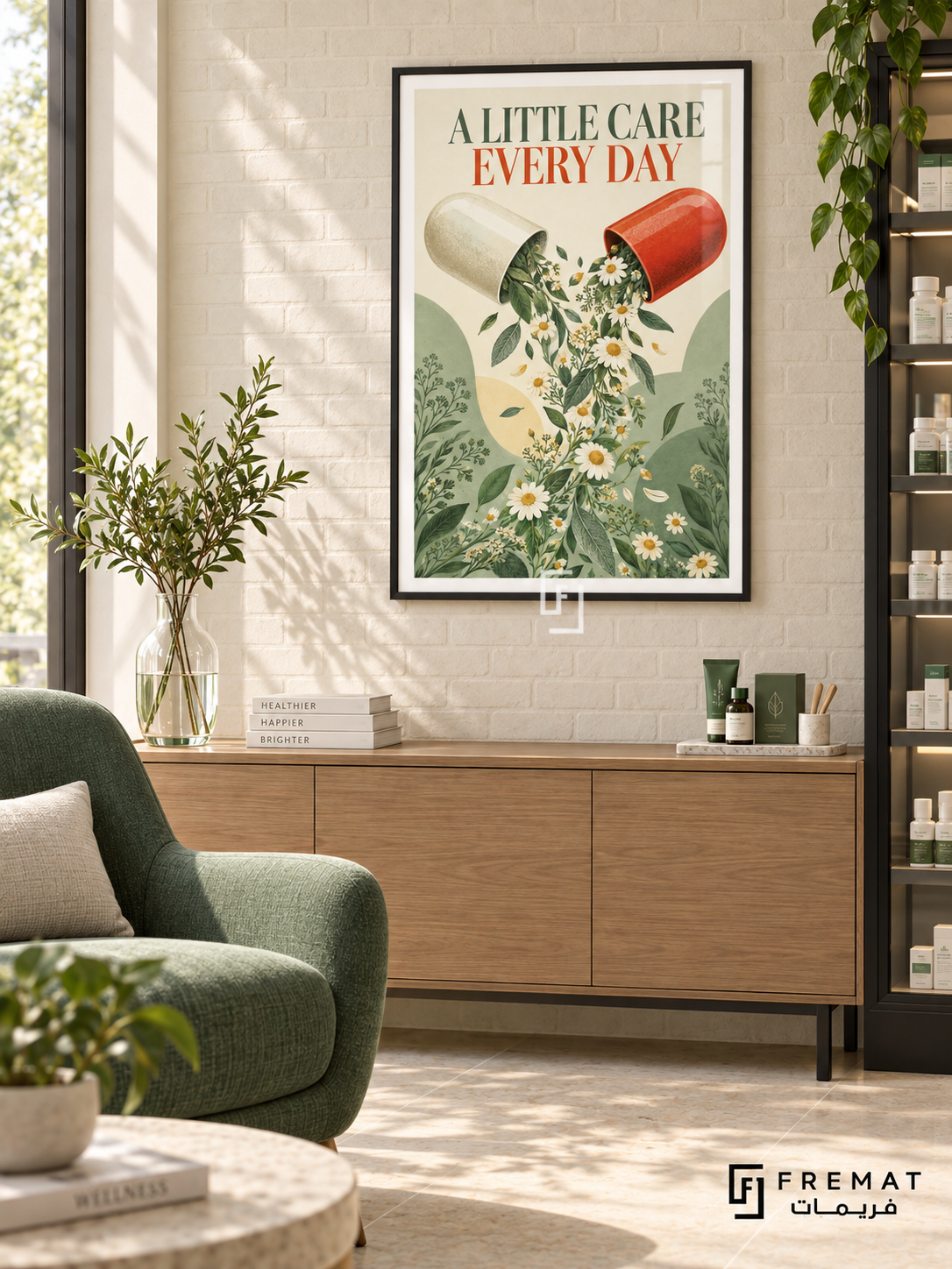 A Little Care Every Day (com14), Black frame with white printed border in a styled interior. An open red-and-cream capsule releases white daisies and green foliage. Green and rust lettering reads “A LITTLE CARE EVERY DAY” above a textured botanical illustration.