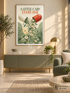 A Little Care Every Day (com14), Gold frame with white printed border in a styled interior. An open red-and-cream capsule releases white daisies and green foliage. Green and rust lettering reads “A LITTLE CARE EVERY DAY” above a textured botanical illustration.