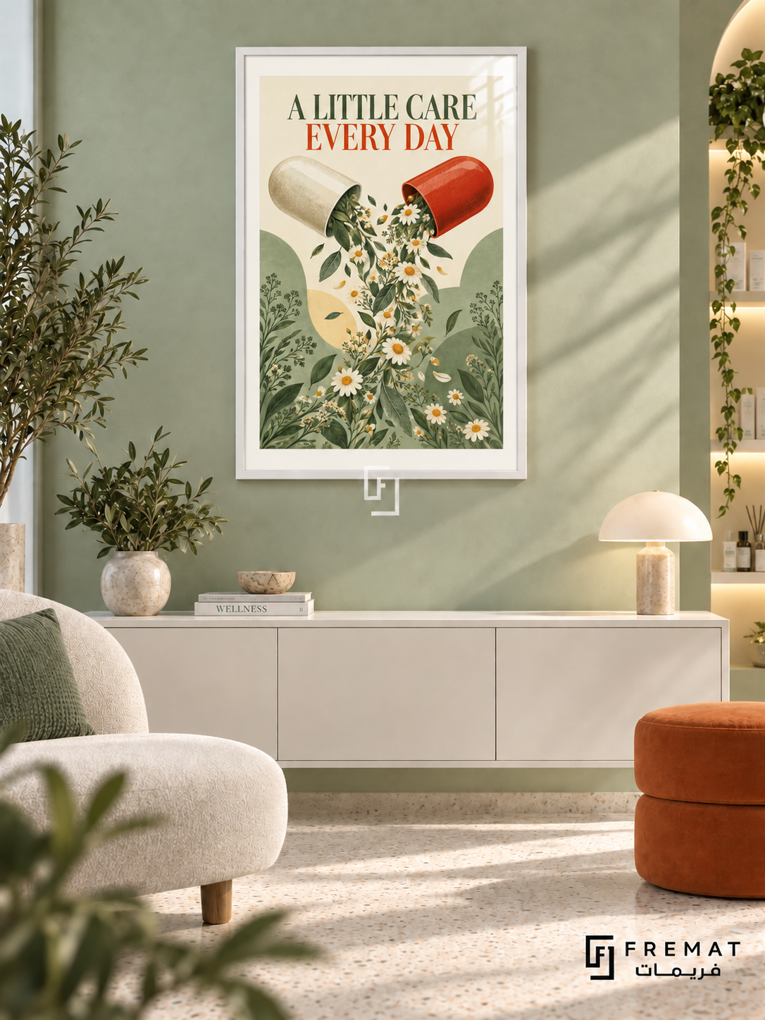 A Little Care Every Day (com14), White frame with white printed border in a styled interior. An open red-and-cream capsule releases white daisies and green foliage. Green and rust lettering reads “A LITTLE CARE EVERY DAY” above a textured botanical illustration.