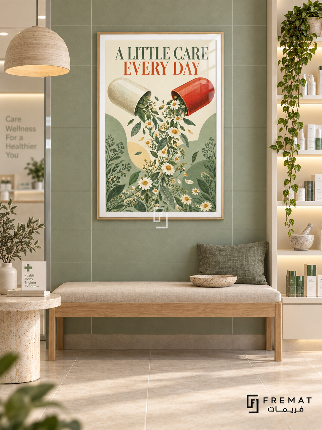 A Little Care Every Day (com14), Wooden Texture frame with white printed border in a styled interior. An open red-and-cream capsule releases white daisies and green foliage. Green and rust lettering reads “A LITTLE CARE EVERY DAY” above a textured botanical illustration.