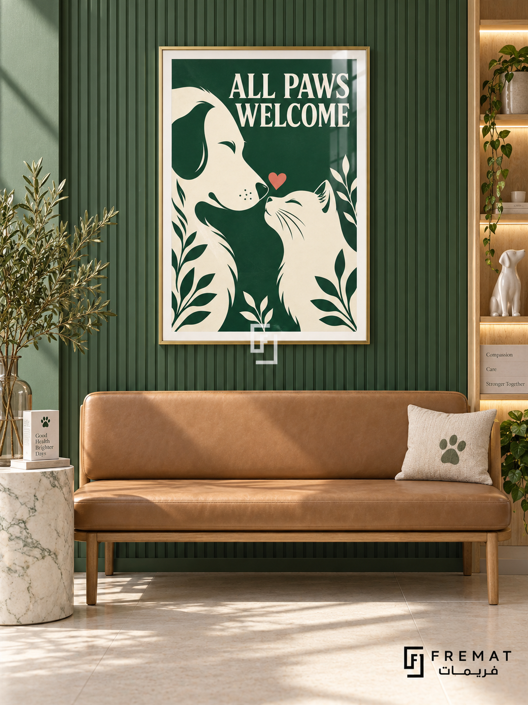 All Paws Welcome (com15), Gold frame with white printed border in a styled interior. Cream silhouettes of a dog and cat face one another beneath a small coral heart. Leafy details and bold cream “ALL PAWS WELCOME” lettering sit on forest green.