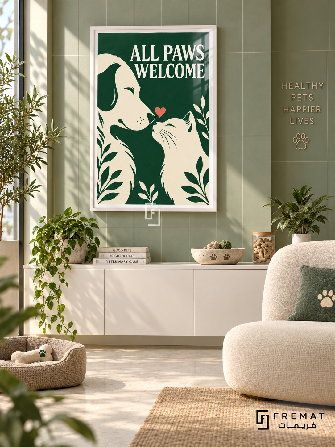 All Paws Welcome (com15), White frame with white printed border in a styled interior. Cream silhouettes of a dog and cat face one another beneath a small coral heart. Leafy details and bold cream “ALL PAWS WELCOME” lettering sit on forest green.