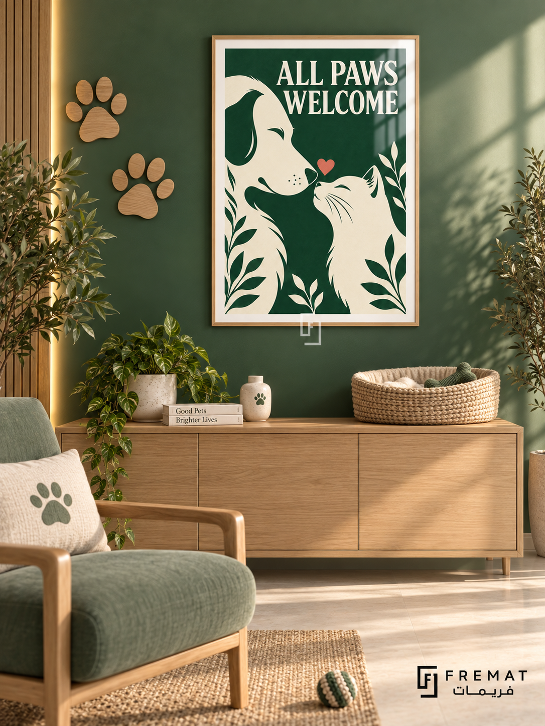 All Paws Welcome (com15), Wooden Texture frame with white printed border in a styled interior. Cream silhouettes of a dog and cat face one another beneath a small coral heart. Leafy details and bold cream “ALL PAWS WELCOME” lettering sit on forest green.