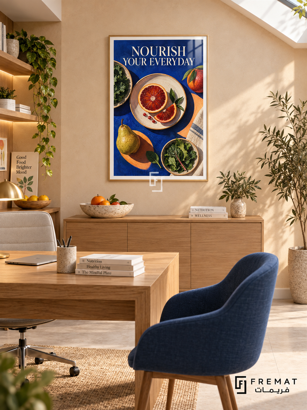 Nourish Your Everyday (com16), Wooden Texture frame with white printed border in a styled interior. An overhead still life shows sliced blood oranges, leafy greens, a pear and ceramic dishes on cobalt blue. Cream serif lettering reads “NOURISH YOUR EVERYDAY” in a richly textured food composition.