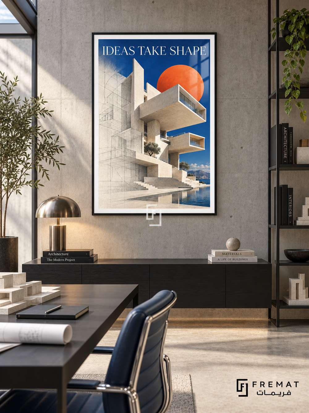 Ideas Take Shape (com17), Black frame with white printed border in a styled interior. Stacked pale concrete volumes, stairs and projecting windows rise beside fine architectural lines. An orange disc and blue sky sit behind “IDEAS TAKE SHAPE” in a surreal architectural collage.