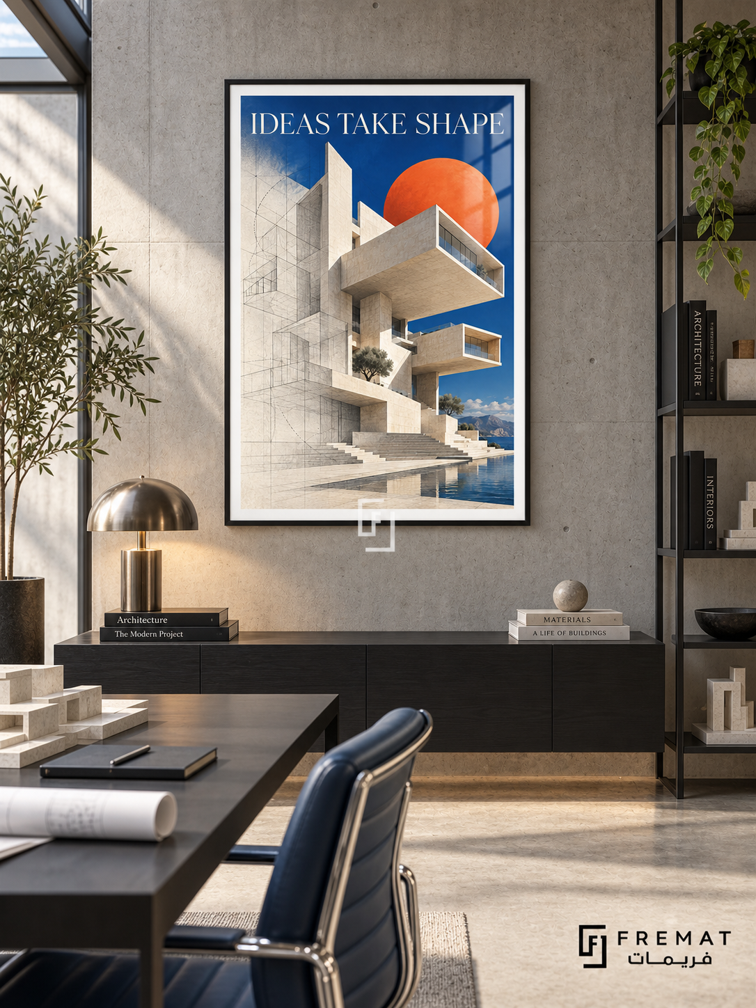 Ideas Take Shape (com17), Black frame with white printed border in a styled interior. Stacked pale concrete volumes, stairs and projecting windows rise beside fine architectural lines. An orange disc and blue sky sit behind “IDEAS TAKE SHAPE” in a surreal architectural collage.