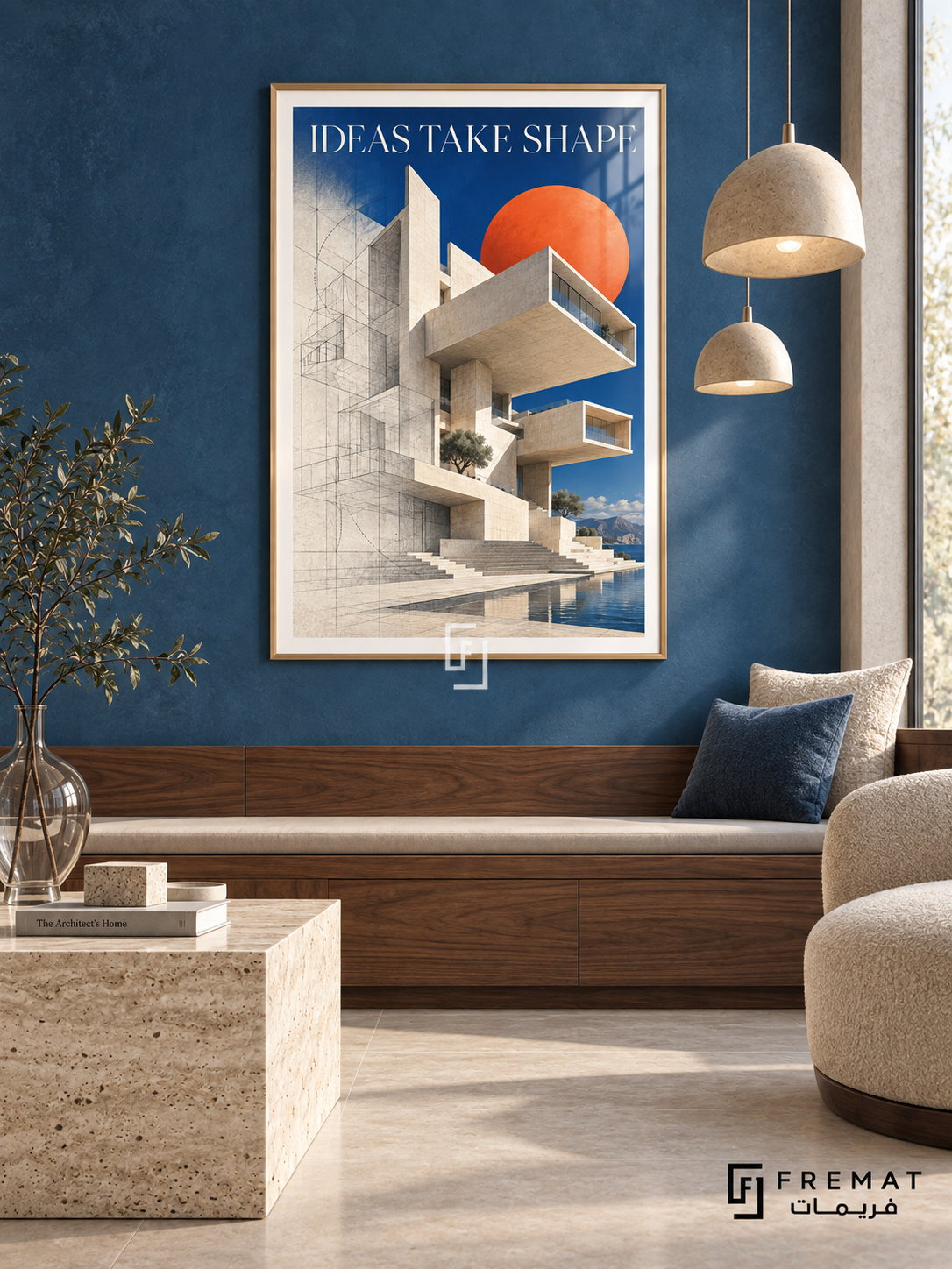 Ideas Take Shape (com17), Gold frame with white printed border in a styled interior. Stacked pale concrete volumes, stairs and projecting windows rise beside fine architectural lines. An orange disc and blue sky sit behind “IDEAS TAKE SHAPE” in a surreal architectural collage.