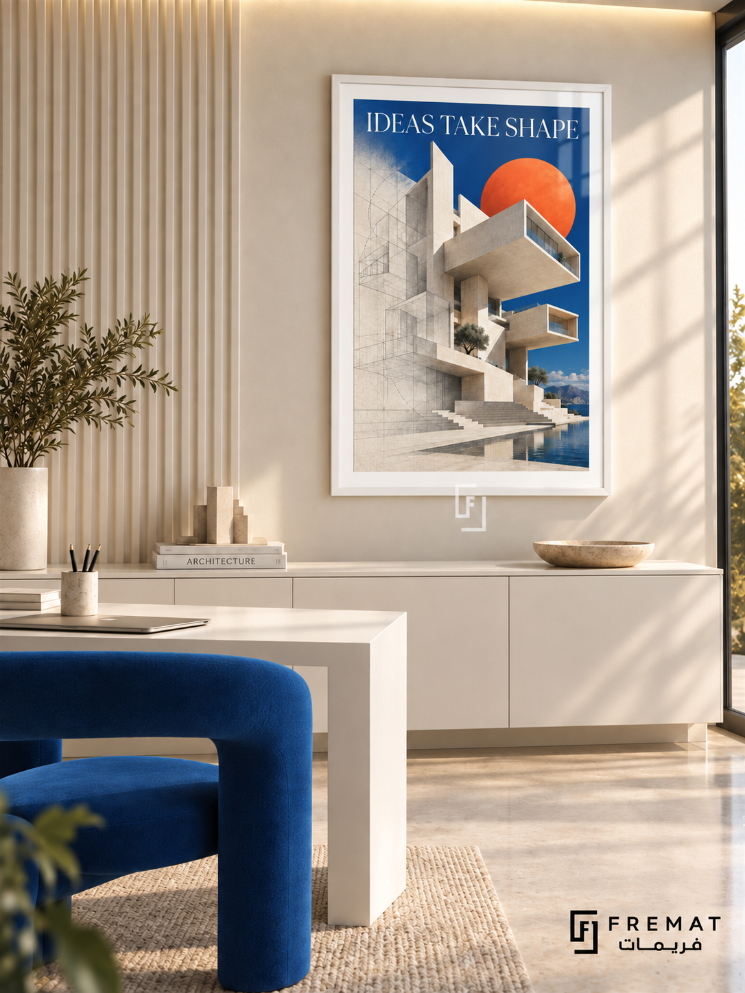 Ideas Take Shape (com17), White frame with white printed border in a styled interior. Stacked pale concrete volumes, stairs and projecting windows rise beside fine architectural lines. An orange disc and blue sky sit behind “IDEAS TAKE SHAPE” in a surreal architectural collage.