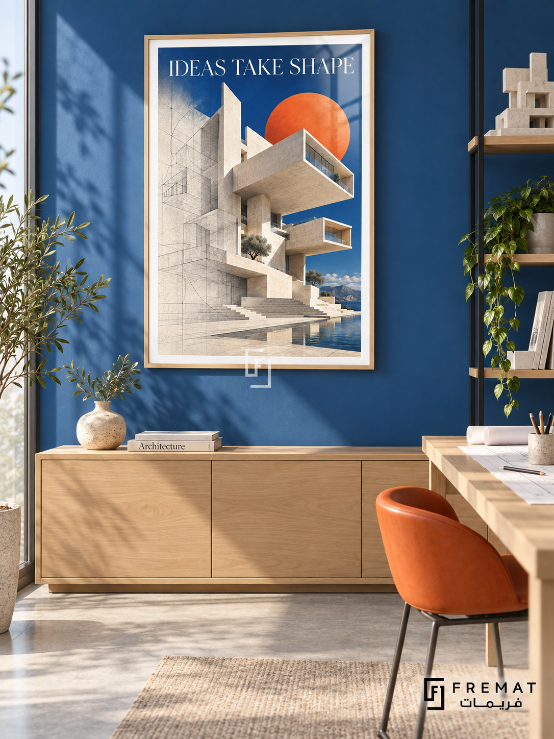 Ideas Take Shape (com17), Wooden Texture frame with white printed border in a styled interior. Stacked pale concrete volumes, stairs and projecting windows rise beside fine architectural lines. An orange disc and blue sky sit behind “IDEAS TAKE SHAPE” in a surreal architectural collage.